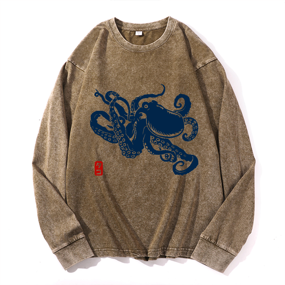 Octopus Vintage Cotton Wash Crewneck Long-Sleeve T-Shirt