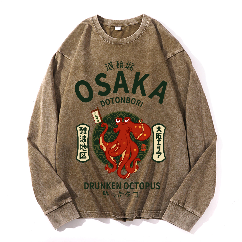 Osaka Dotonbori Drunken Octopus Vintage Cotton Wash Crewneck Long-Sleeve T-Shirt