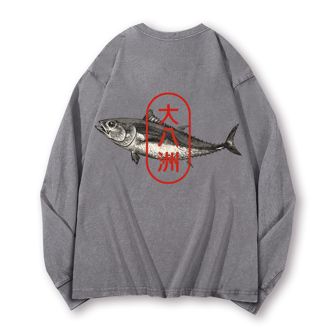 Great Eight Islands of Japan Tuna Fish Vintage Washed Cotton Back Art Long-sleeve T-shirt