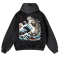 Cat Kaiju Ukiyoe Great Wave Vintage Washed Cotton Back Art Hoodie