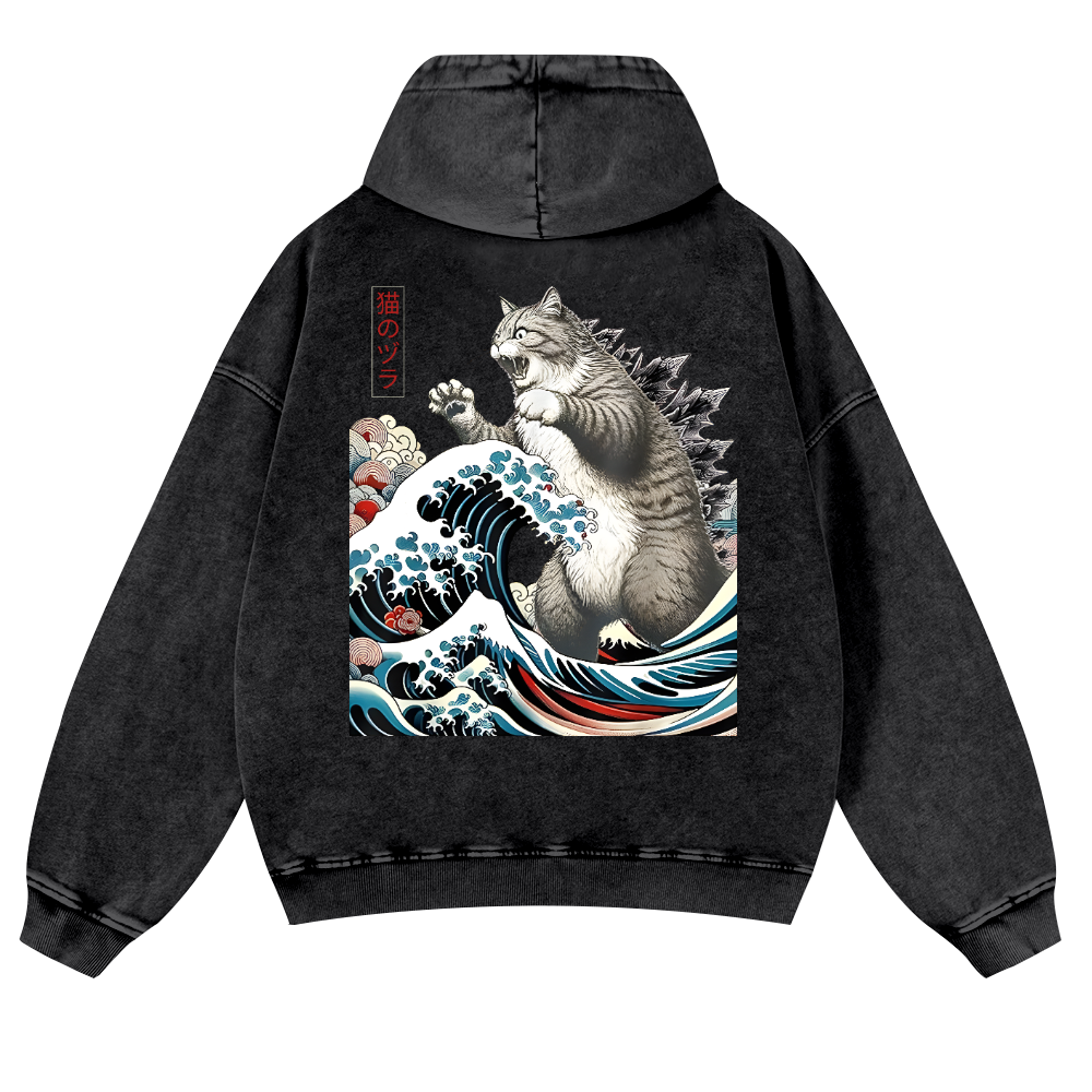 Cat Kaiju Ukiyoe Great Wave Vintage Washed Cotton Back Art Hoodie