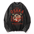 Osaka Dotonbori Drunken Octopus Vintage Cotton Wash Crewneck Long-Sleeve T-Shirt