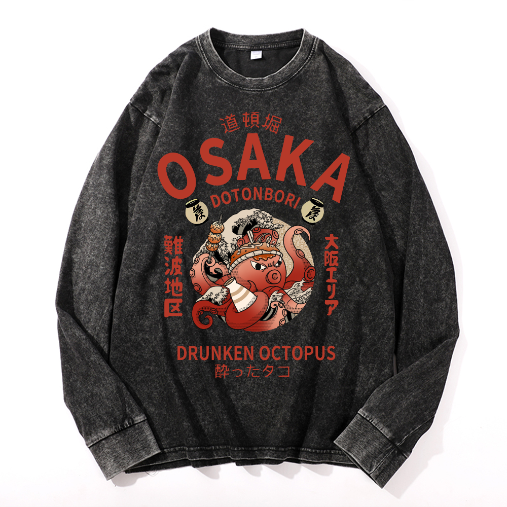 Osaka Dotonbori Drunken Octopus Vintage Cotton Wash Crewneck Long-Sleeve T-Shirt