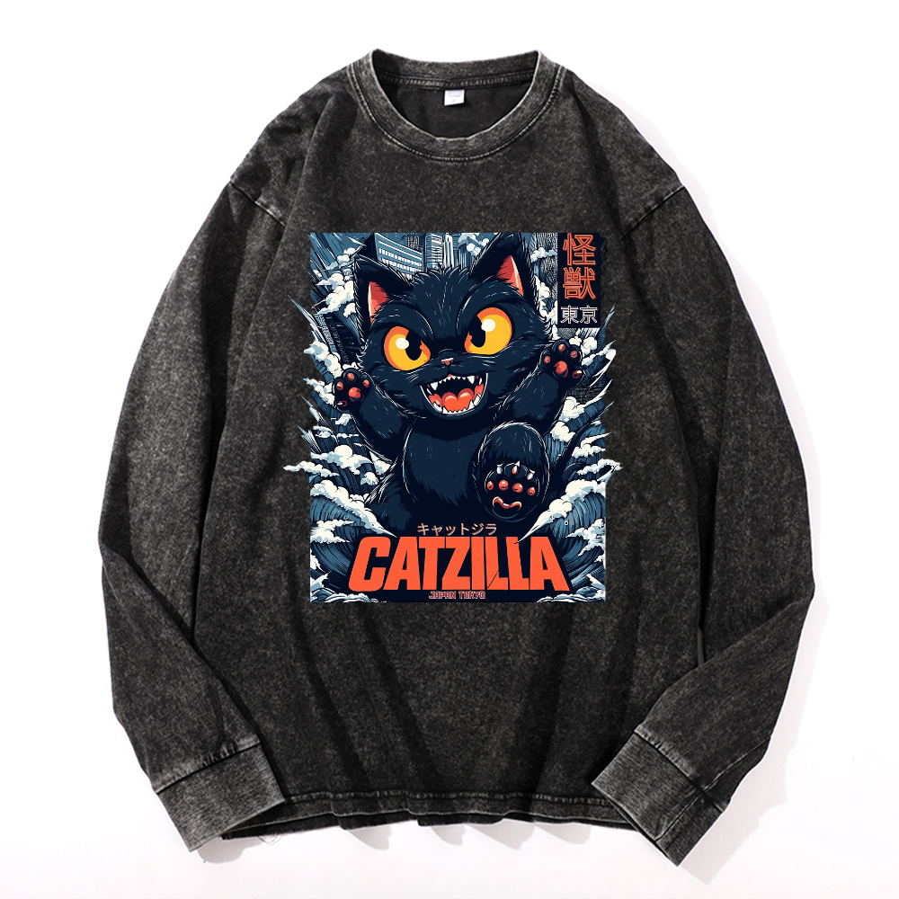 Catzilla Cat Kaiju Vintage Cotton Wash Crewneck Long-Sleeve T-Shirt