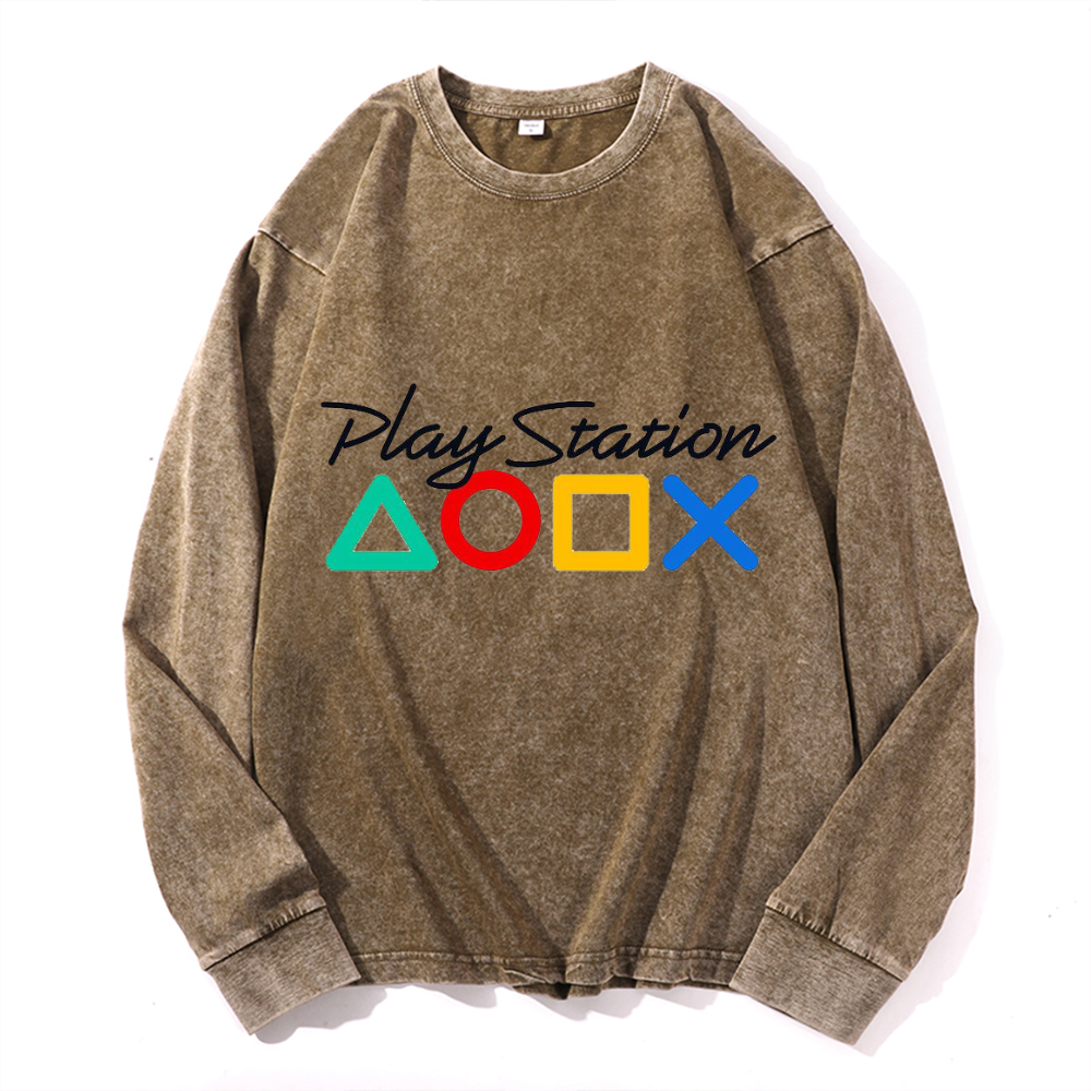 Vintage Cotton Wash Crewneck Long-Sleeve T-Shirt
