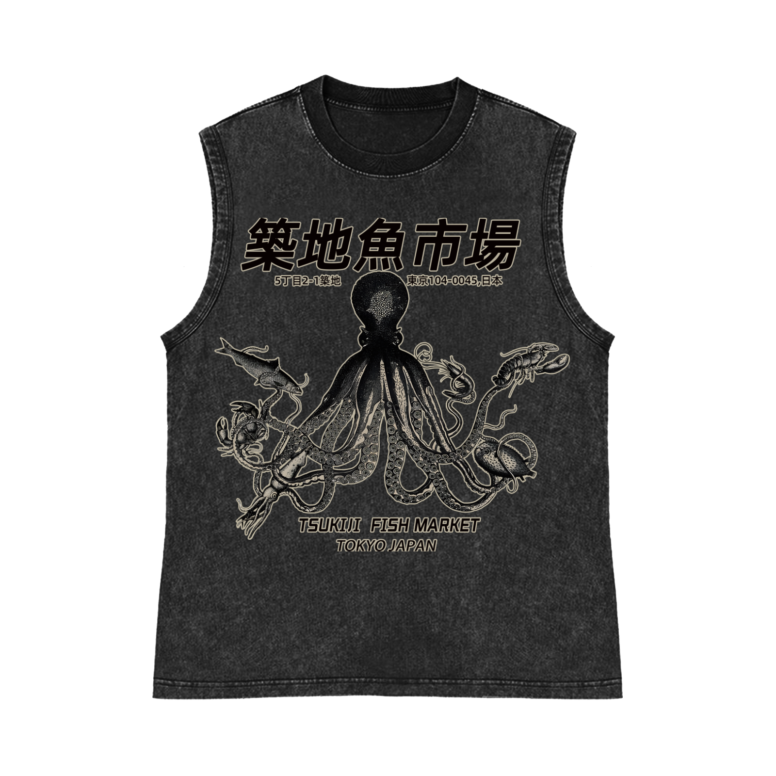 Tsukiji Fish Market Pure Cotton Wash-Dyed Sleeveless Tank Top