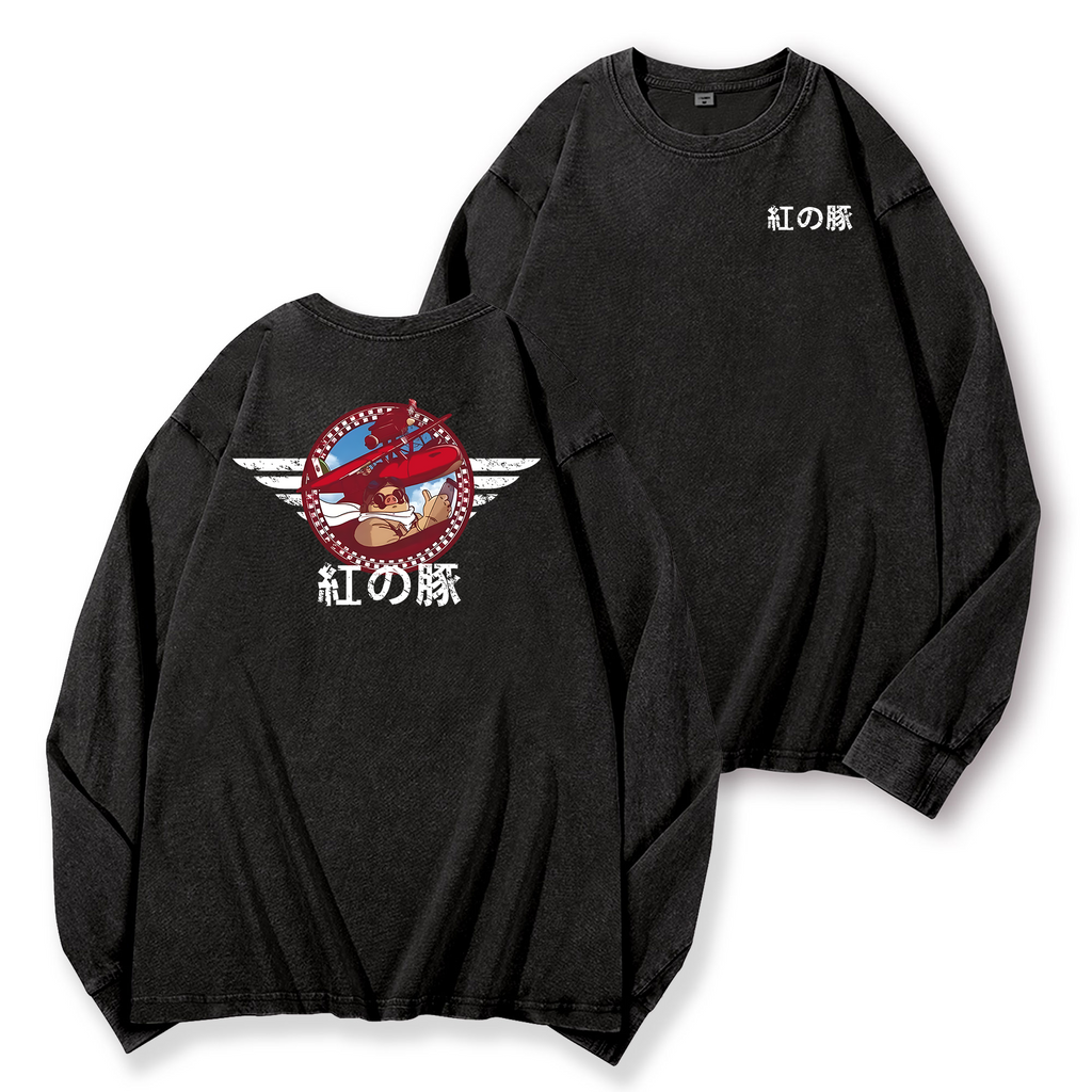 Ghibli Porco Rosso Vintage Washed Cotton Back Art Long-sleeve T-shirt