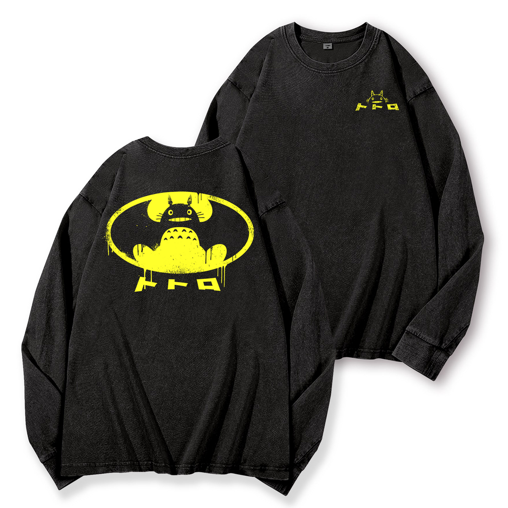 Ghibli Totoro Batman Vintage Washed Cotton Back Art Long-sleeve T-shirt