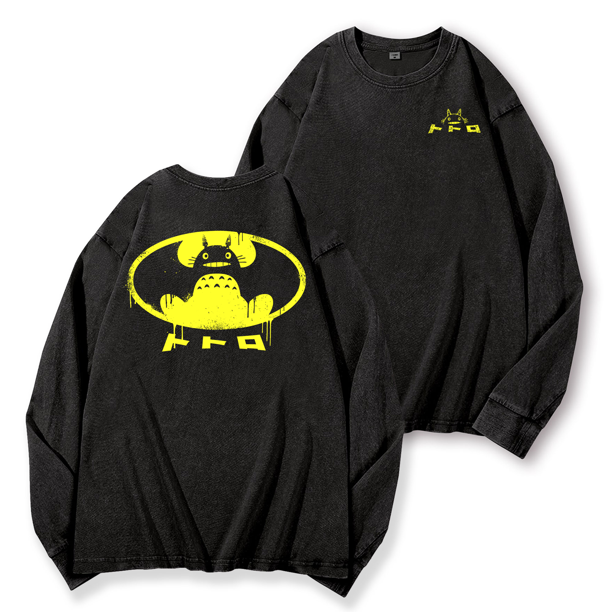 Ghibli Totoro Batman Vintage Washed Cotton Back Art Long-sleeve T-shirt