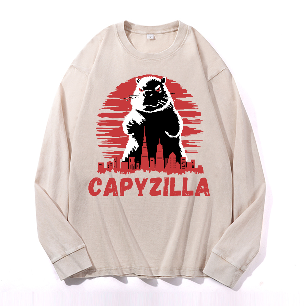 Capybara Kaiju Capyzilla Vintage Cotton Wash Crewneck Long-Sleeve T-Shirt