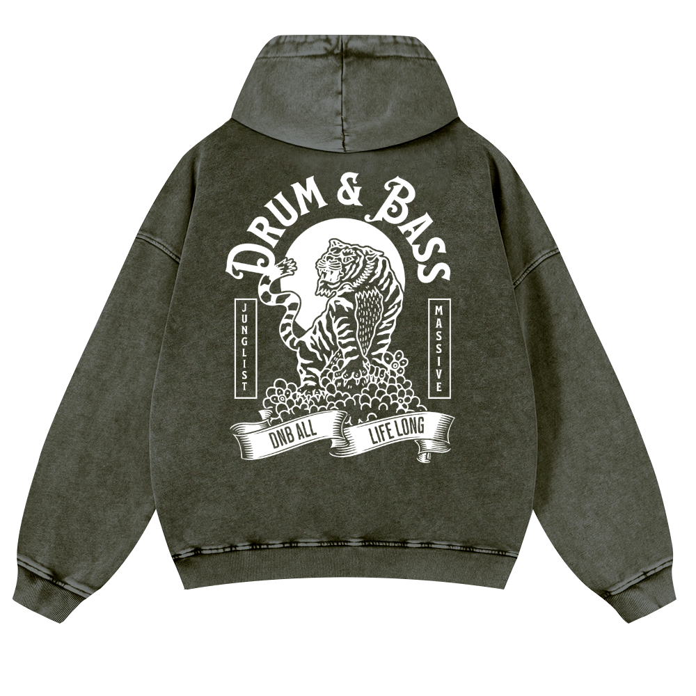 Drum & Bass Tiger Vintage Washed Cotton Back Art Hoodie