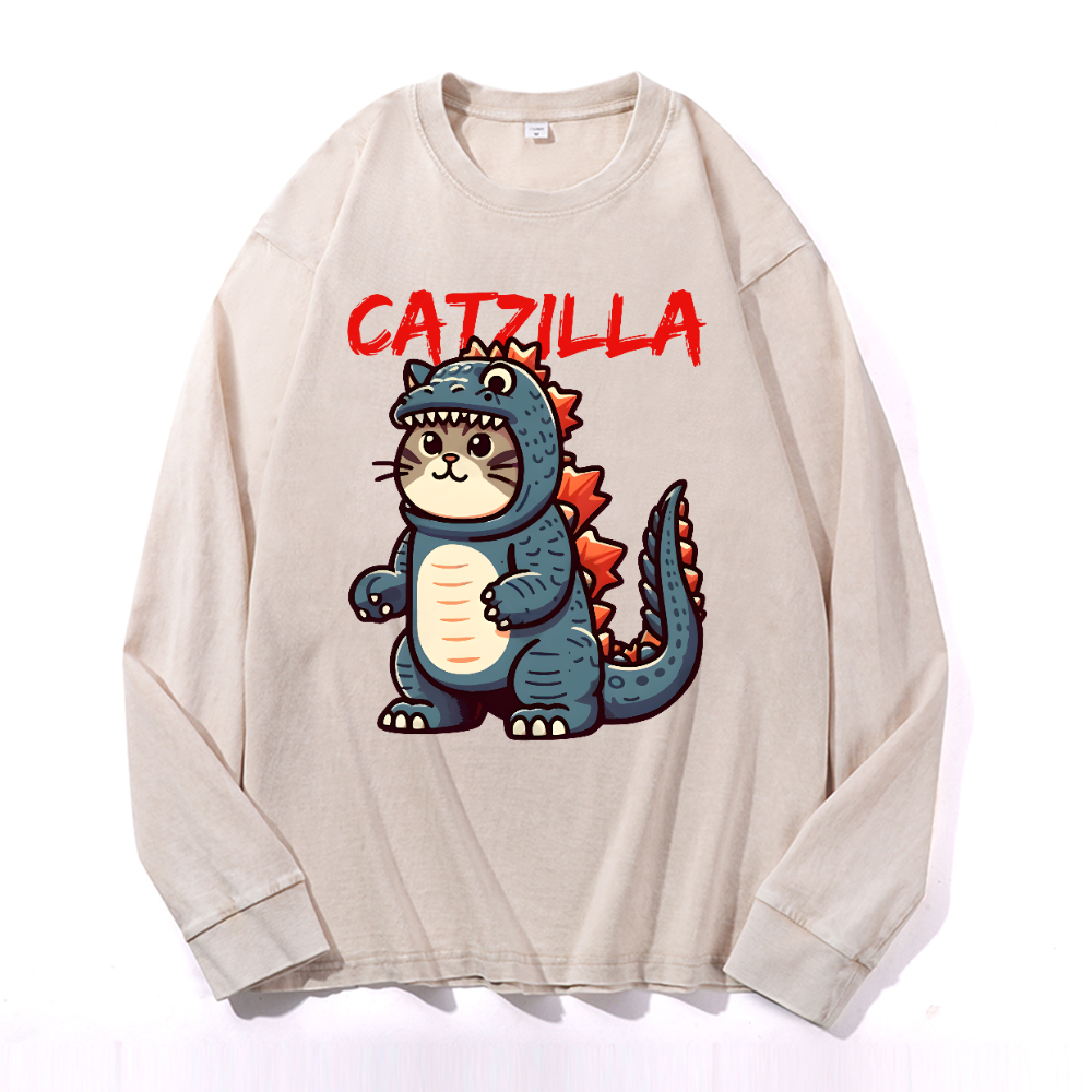 Catzilla Cat Kaiju Vintage Cotton Wash Crewneck Long-Sleeve T-Shirt