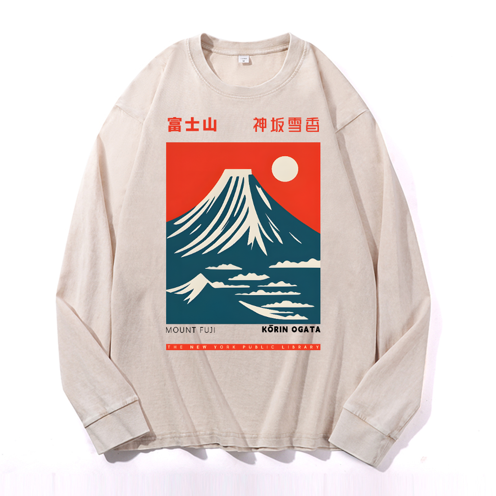 Mount Fuji Vintage Cotton Wash Crewneck Long-Sleeve T-Shirt