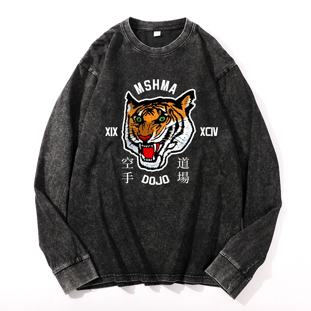 MSHMA Dojo Tiger Vintage Cotton Wash Crewneck Long-Sleeve T-Shirt