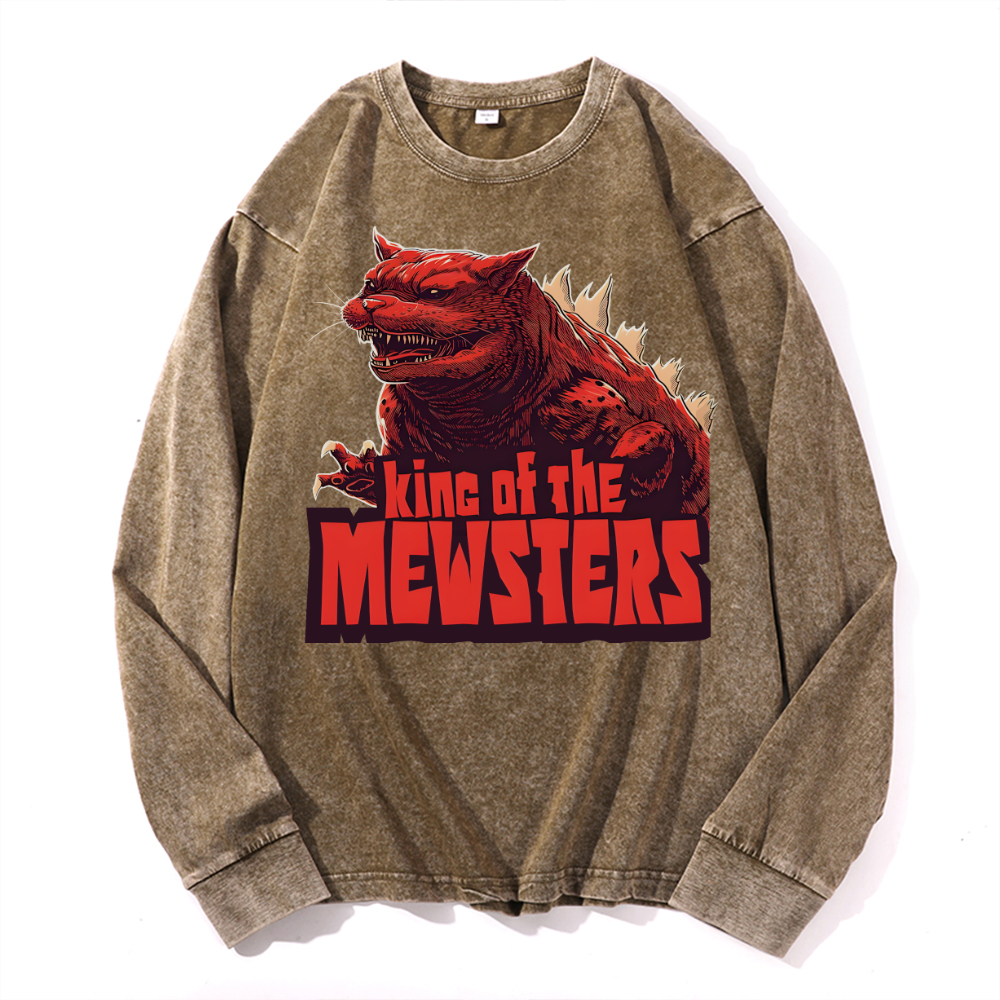 Catzilla Cat Kaiju Vintage Cotton Wash Crewneck Long-Sleeve T-Shirt