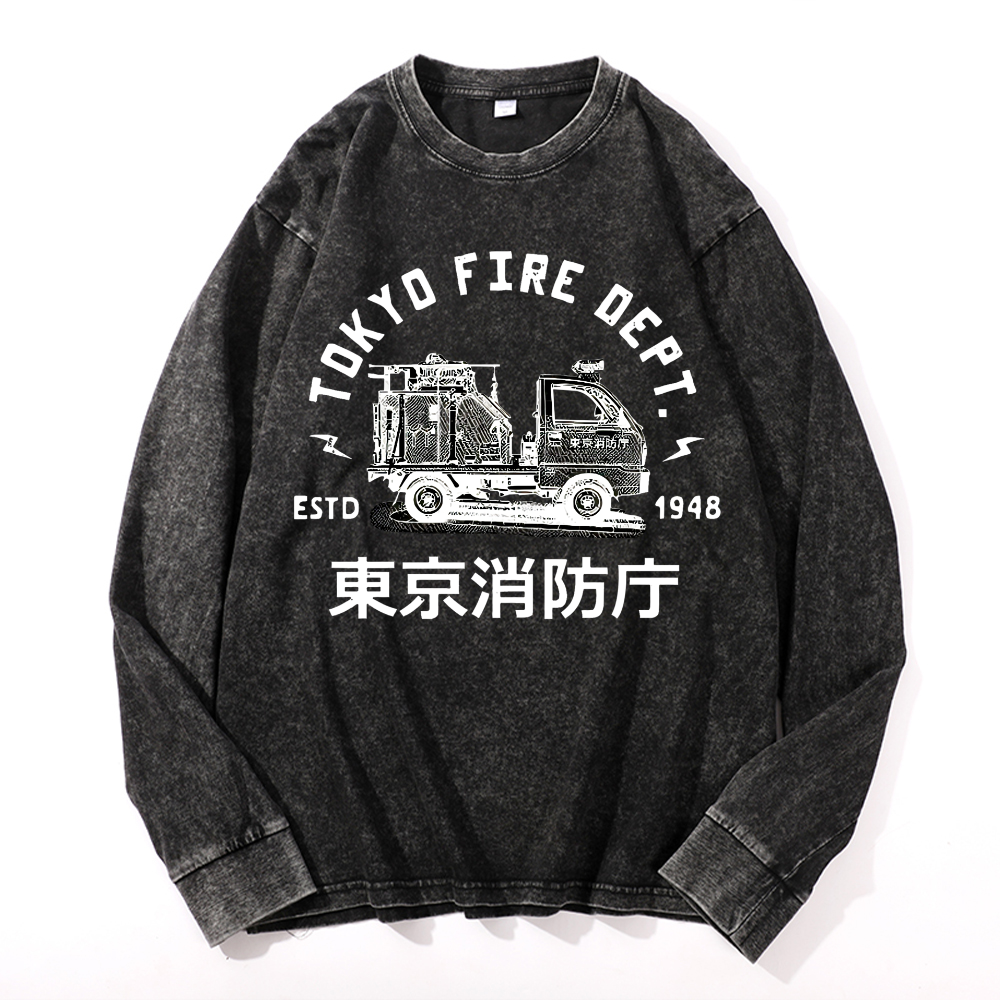 Mini Fire Truck Vintage Cotton Wash Long-sleeve T-shirt