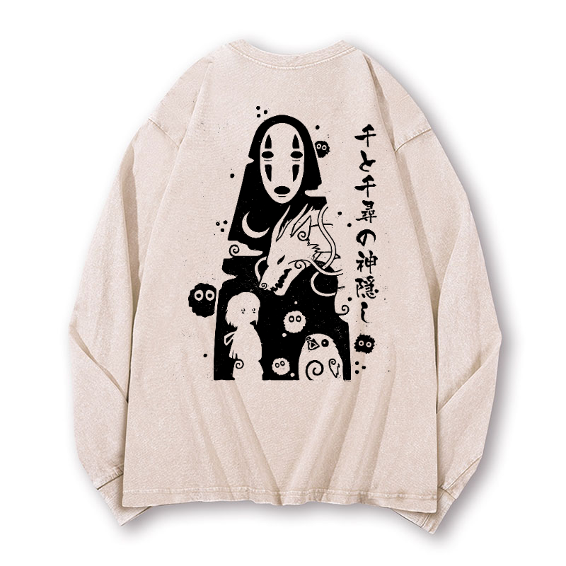 Ghibli No Face Kaonashi Vintage Washed Cotton Back Art Long-sleeve T-shirt