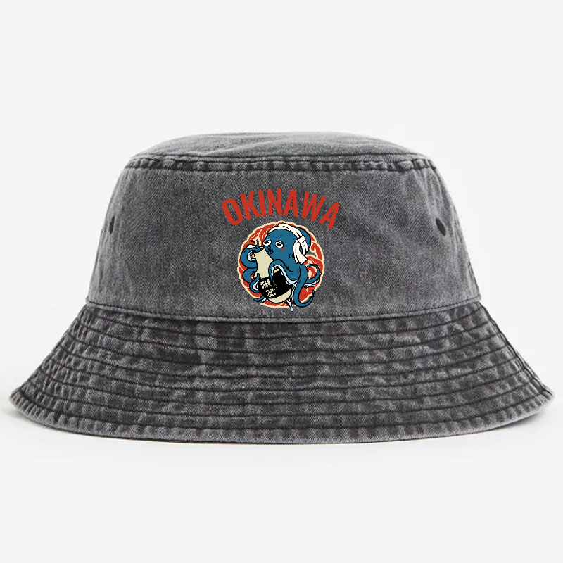 Okinawa Manzamo Drunken Octopus Vintage 100% Cotton Bucket Hat