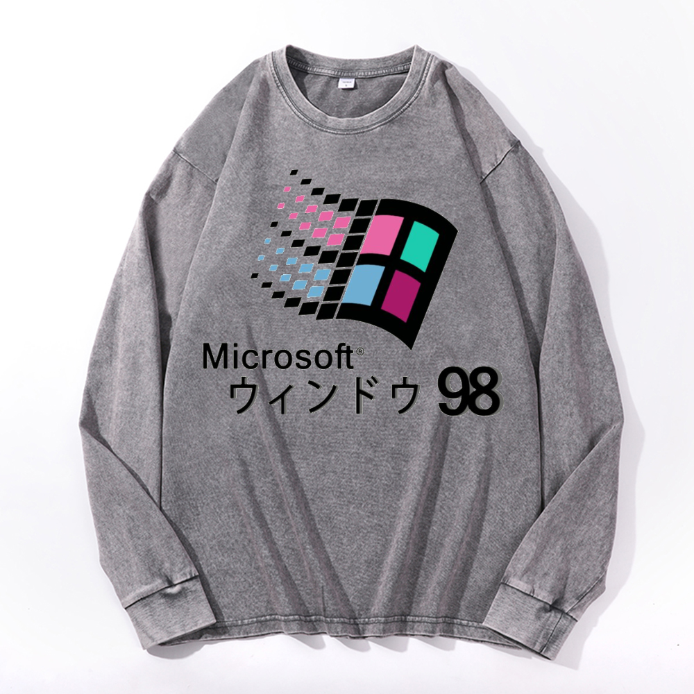 Microsoft Windows 98 Vintage Cotton Wash Crewneck Long-Sleeve T-Shirt