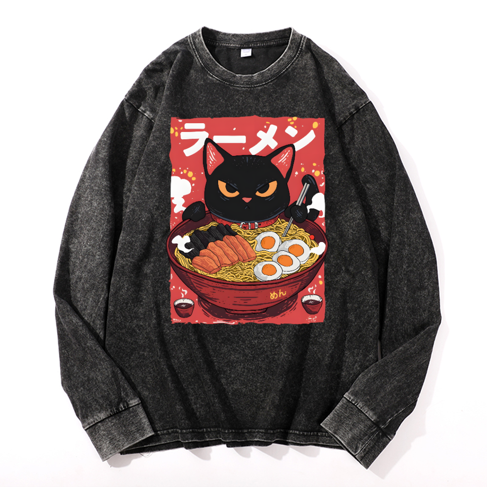 Ramen Black Cat Vintage Cotton Wash Crewneck Long-Sleeve T-Shirt