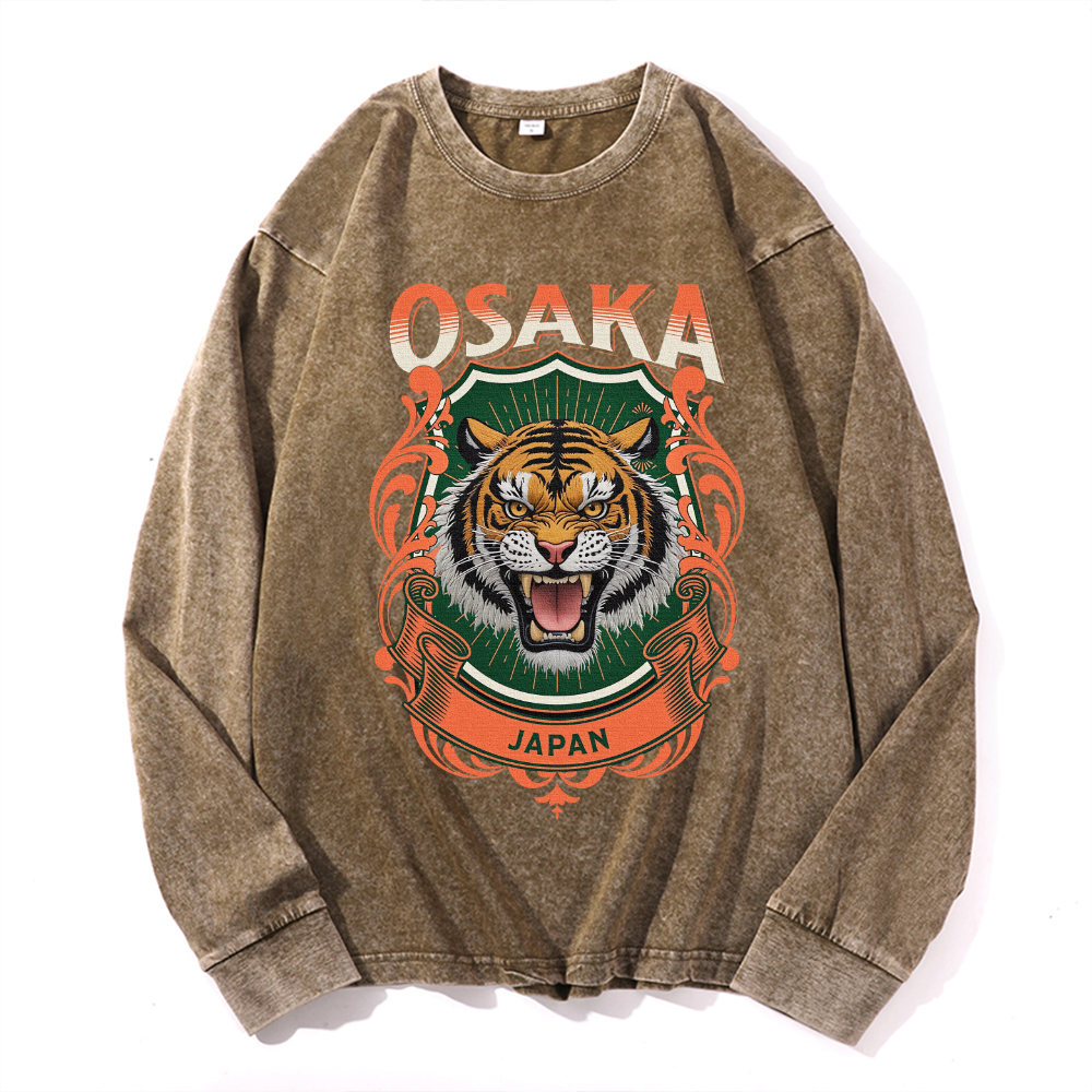 Osaka Tiger Vintage Cotton Wash Crewneck Long-Sleeve T-Shirt