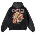 Cat Anime Vintage Washed Cotton Back Art Hoodie