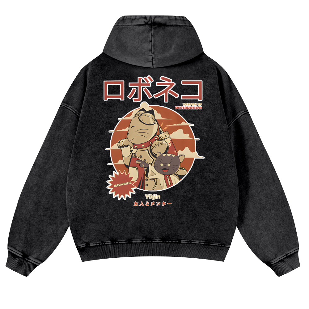 Cat Anime Vintage Washed Cotton Back Art Hoodie