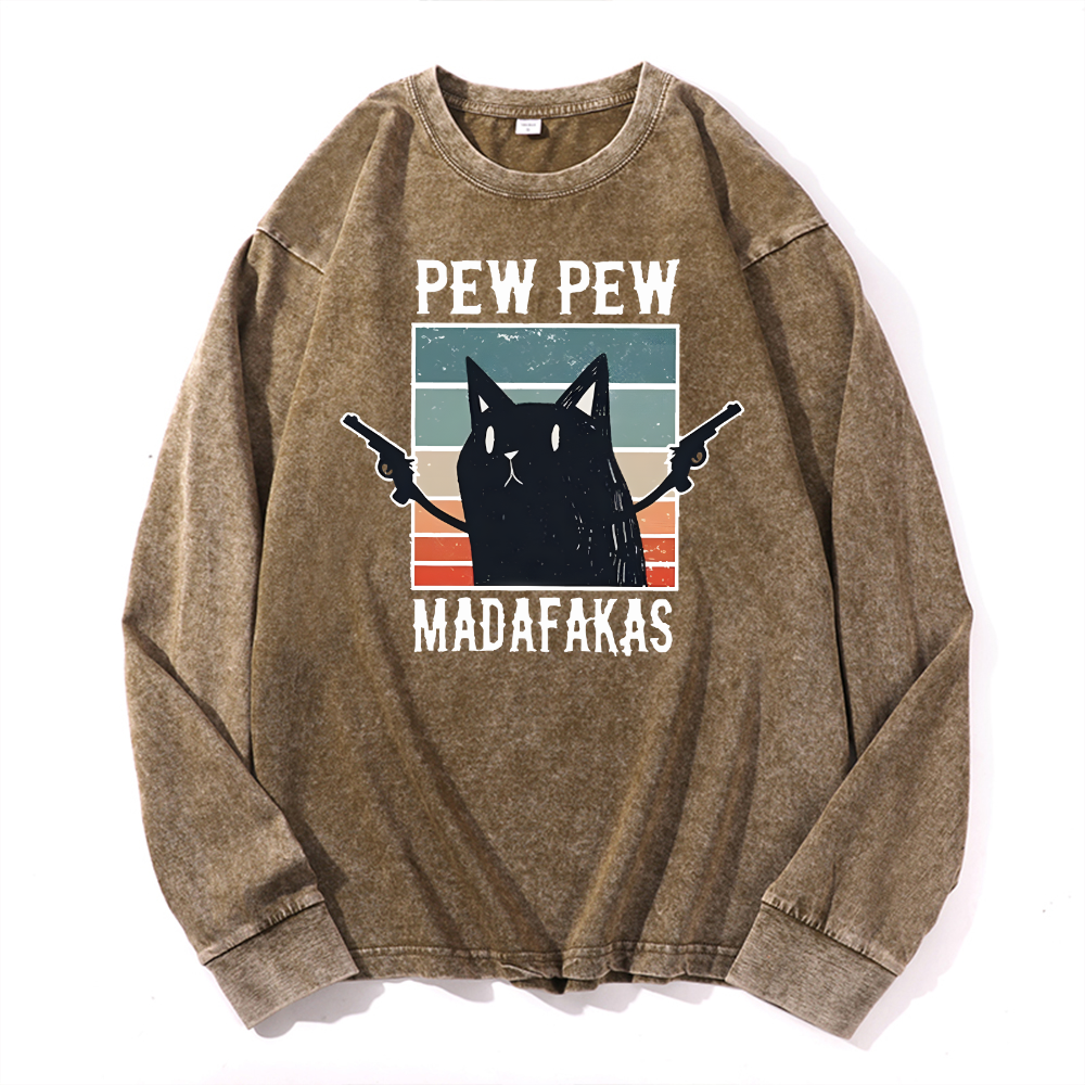 Cat Vintage Cotton Wash Crewneck Long-Sleeve T-Shirt