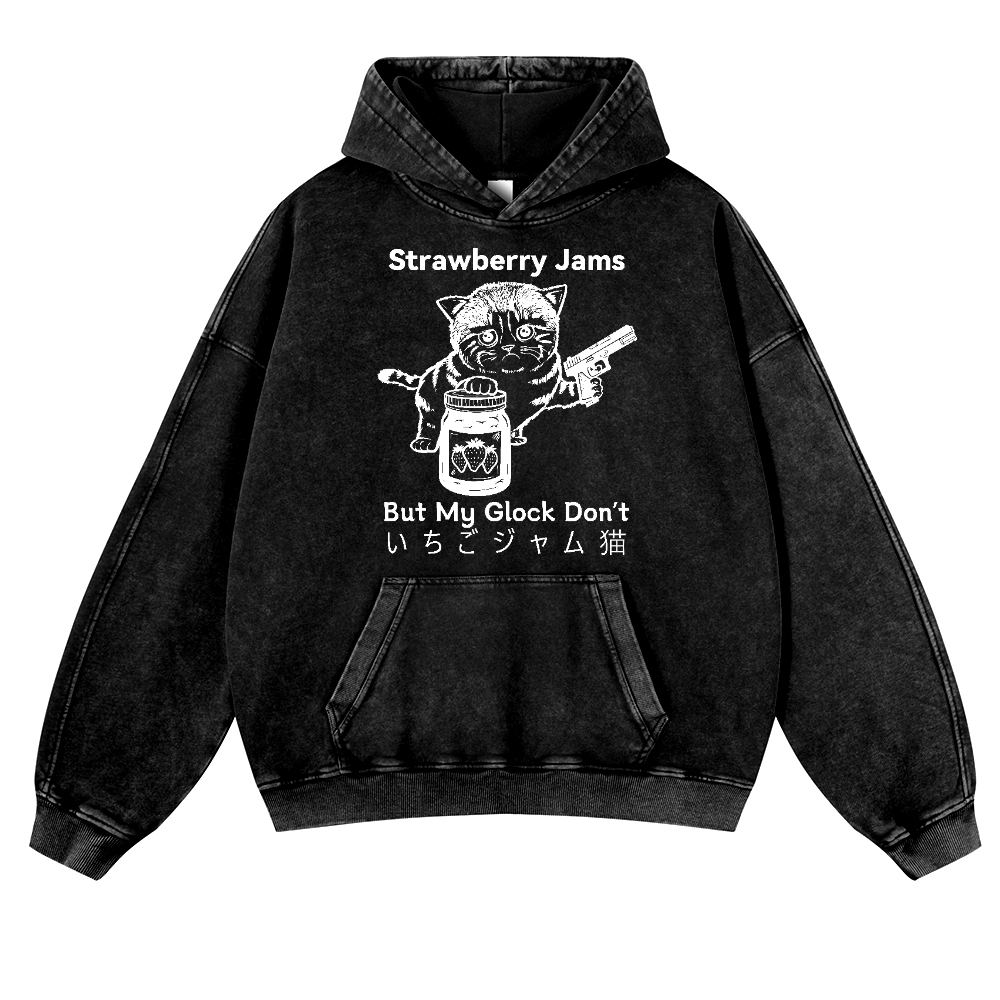 Strawberry Jams Cat Vintage Washed Thick Cotton Hoodie