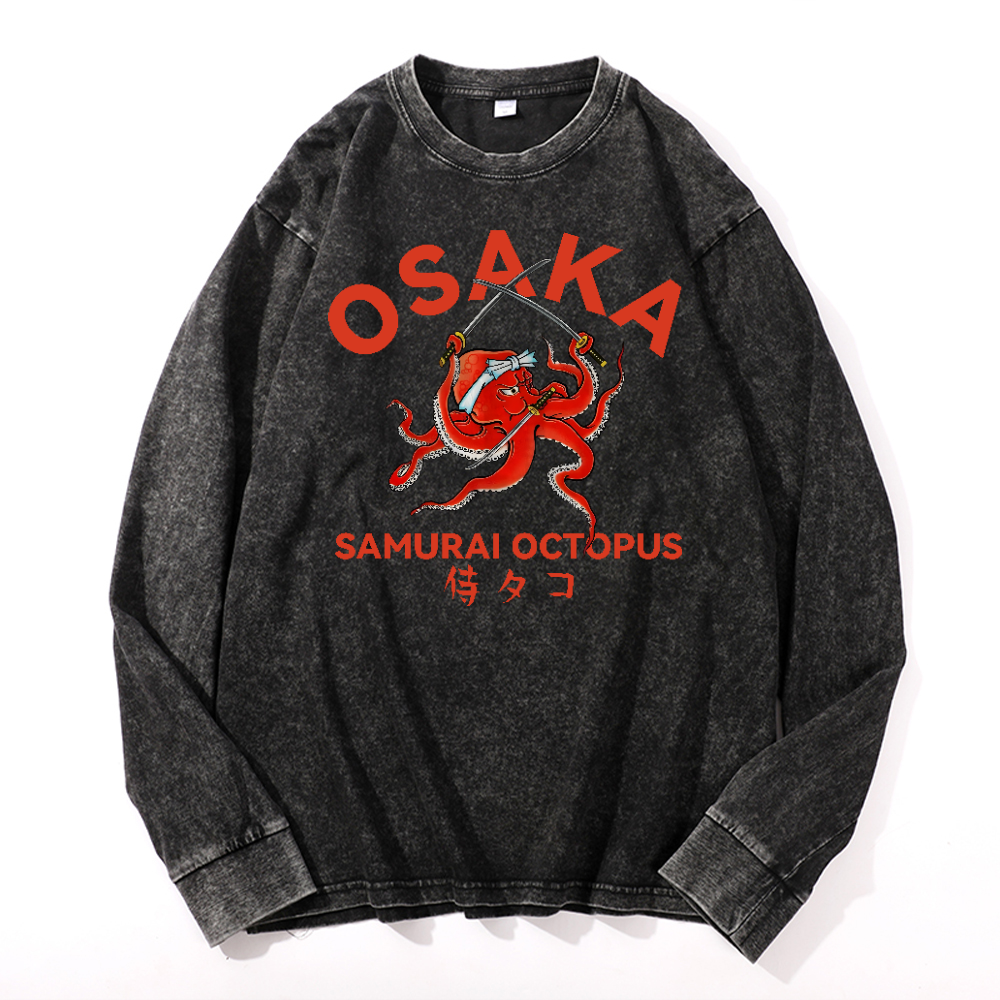 Samurai Octopus Vintage Cotton Wash Long-sleeve T-shirt