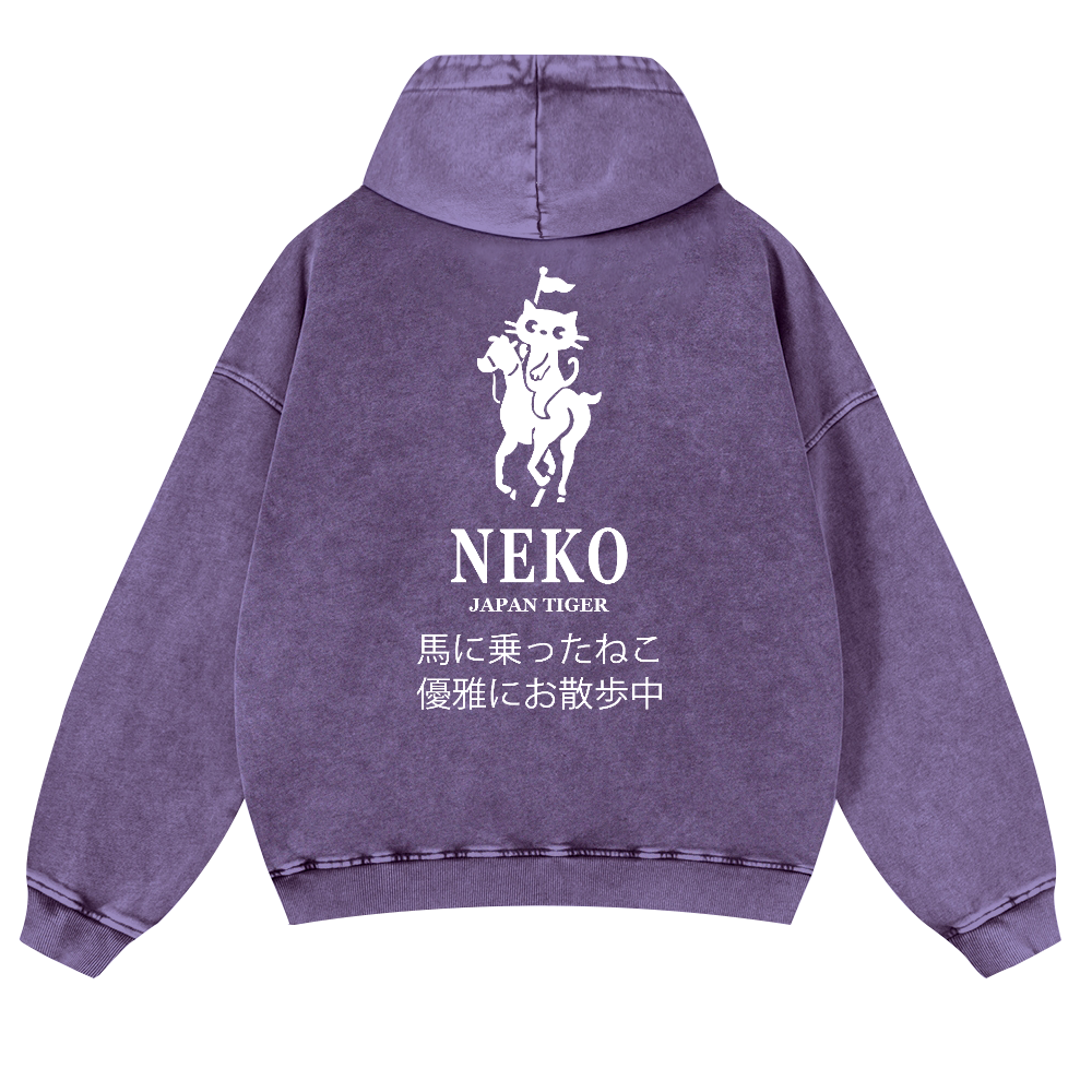 Neko Cat Vintage Washed Cotton Back Art Hoodie