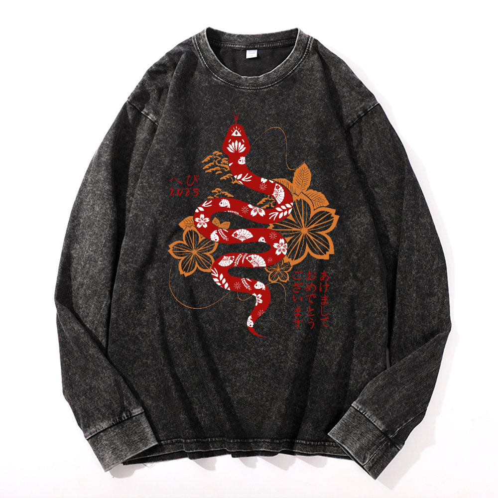 New Year Vintage Cotton Wash Crewneck Long-Sleeve T-Shirt