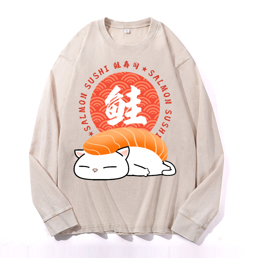 Salmon Sushi Cat Vintage Cotton Wash Crewneck Long-Sleeve T-Shirt