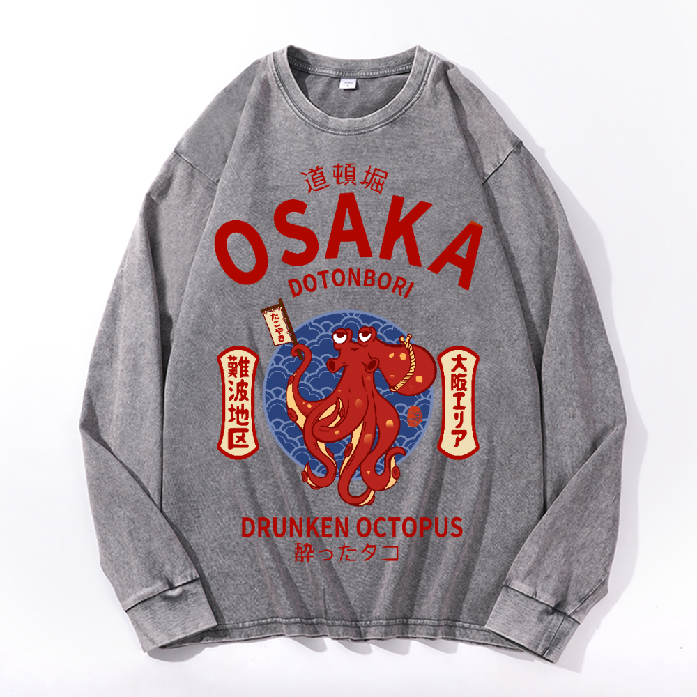 Osaka Dotonbori Drunken Octopus Vintage Cotton Wash Crewneck Long-Sleeve T-Shirt