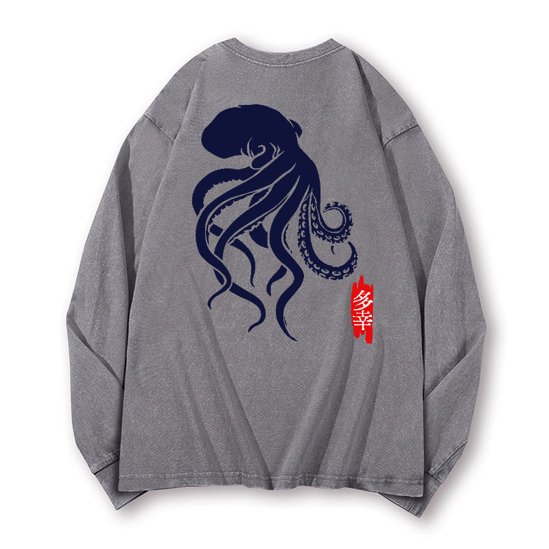 Octopus Vintage Washed Cotton Back Art Long-sleeve T-shirt