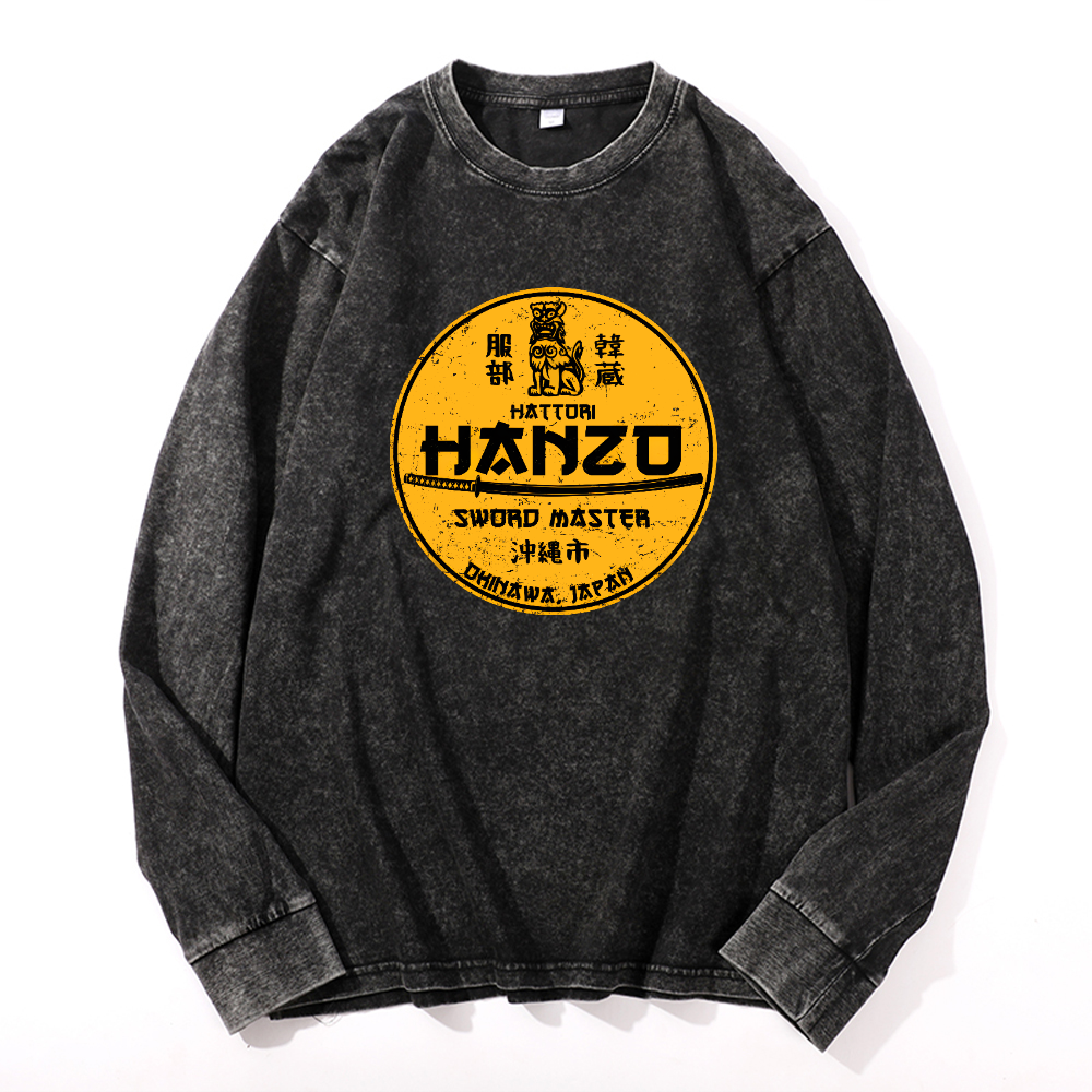 Okinawa Hattori Hanzo Komainu Vintage Cotton Wash Crewneck Long-Sleeve T-Shirt
