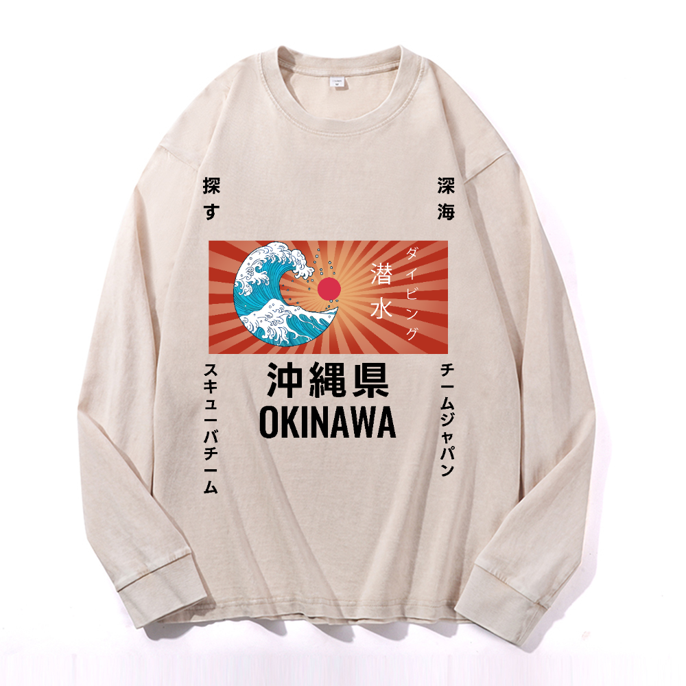 Okinawa Wave Vintage Cotton Wash Crewneck Long-Sleeve T-Shirt