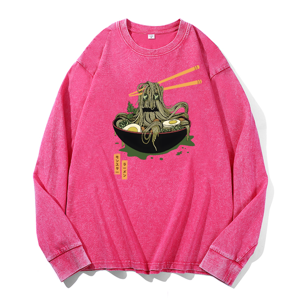 Ramen Monster Vintage Cotton Wash Crewneck Long-Sleeve T-Shirt