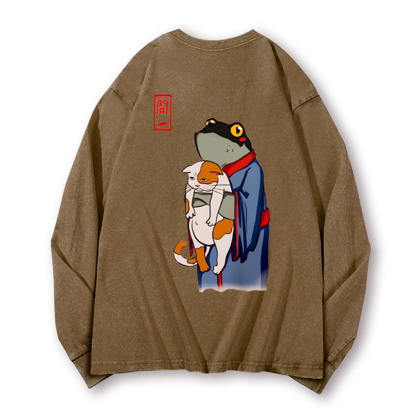 Frog and Cat Vintage Washed Cotton Back Art Long-sleeve T-shirt