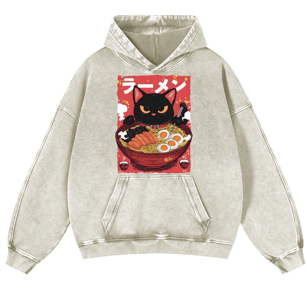 Cat Ramen Vintage Washed Thick Cotton Hoodie