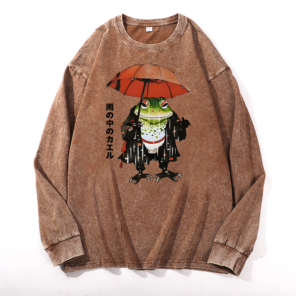 Frog In The Rain Vintage Cotton Wash Long-sleeve T-shirt