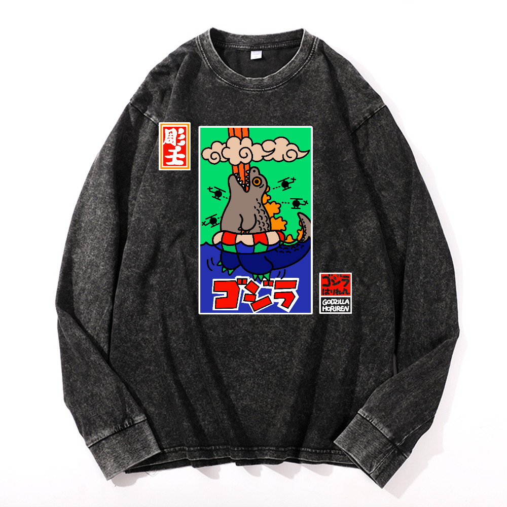 Kaiju Vintage Cotton Wash Crewneck Long-Sleeve T-Shirt