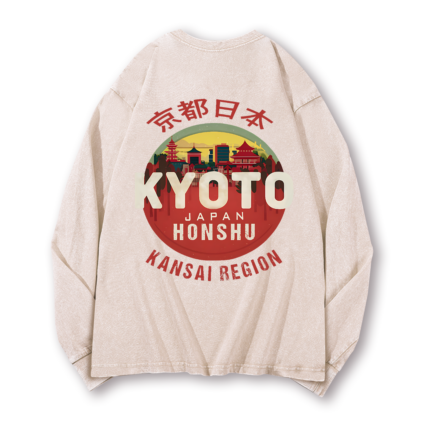 Kyoto Japan Honshu Kansai Region Vintage Washed Cotton Back Art Long-sleeve T-shirt