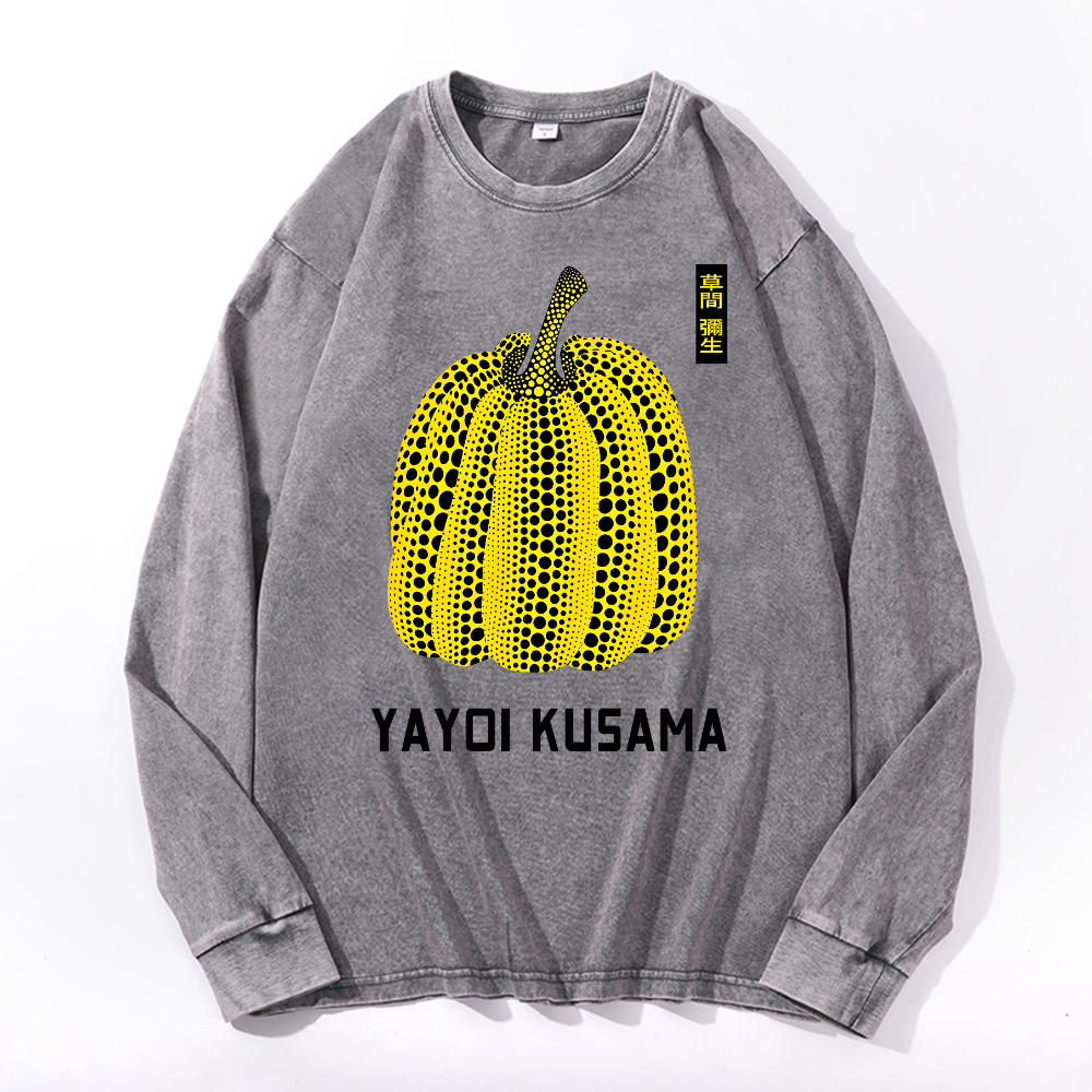 Yayoi Kusama Pumpkin Vintage Cotton Wash Crewneck Long-Sleeve T-Shirt
