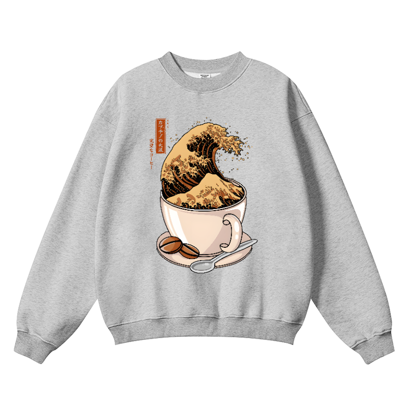 Coffee Great Wave Vintage Cotton Blend Crewneck Sweatshirt