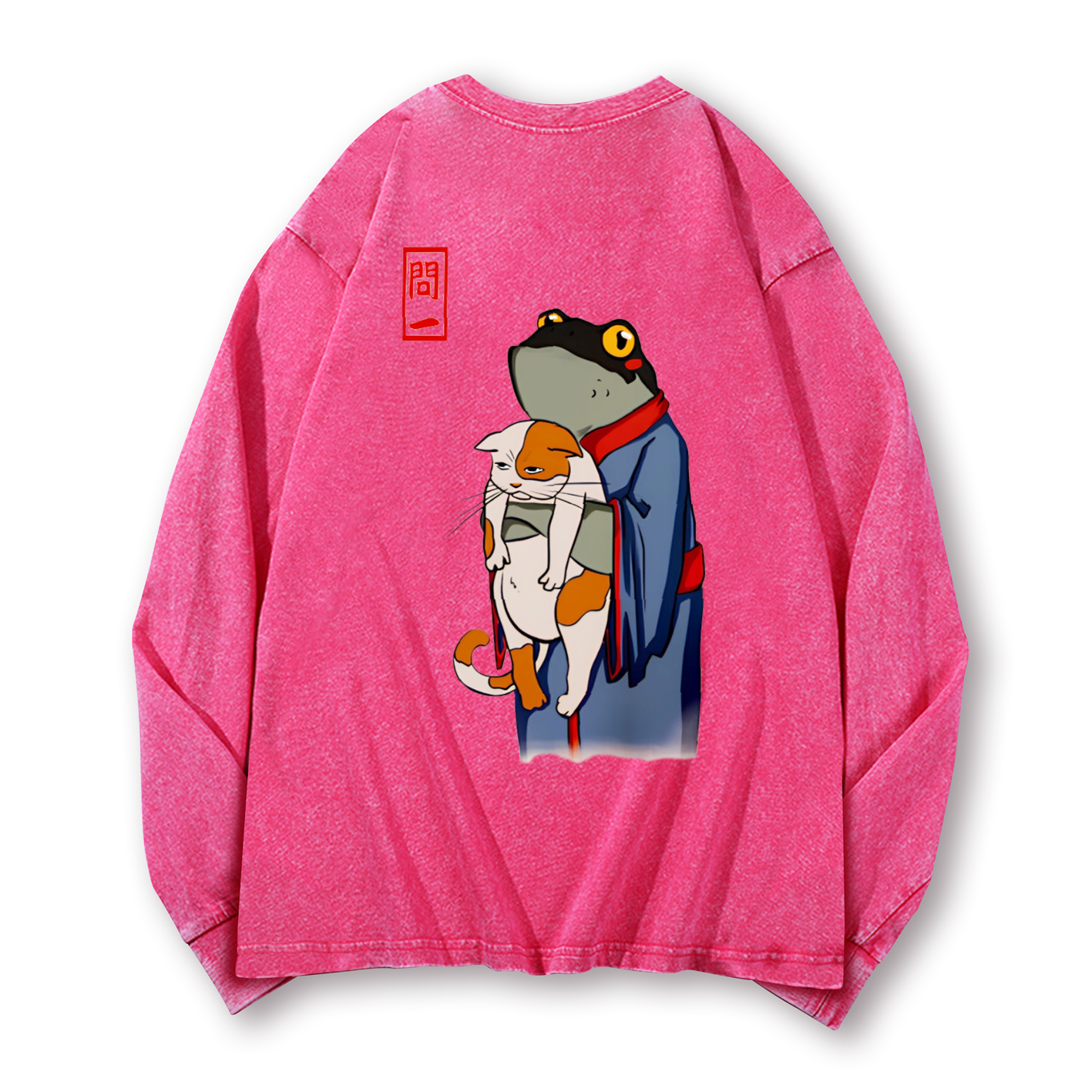 Frog and Cat Vintage Washed Cotton Back Art Long-sleeve T-shirt