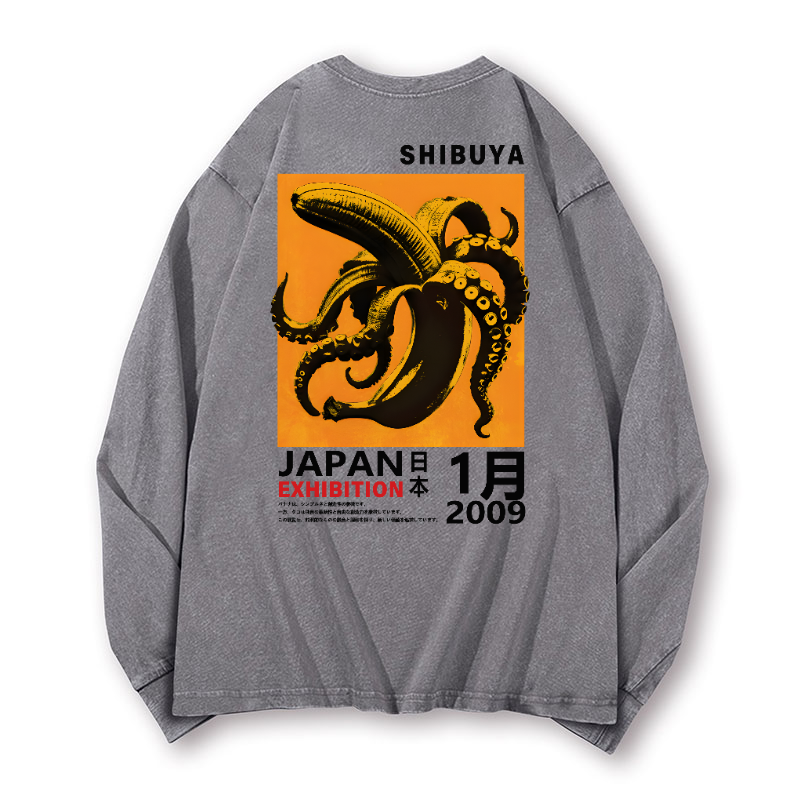 Shibuya Banana Octopus Vintage Washed Cotton Back Art Long-sleeve T-shirt