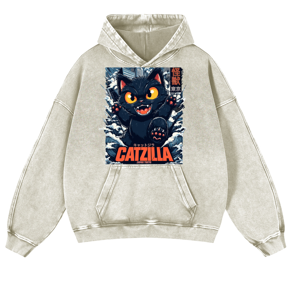 Catzilla Cat Kaiju Vintage Washed Thick Cotton Hoodie