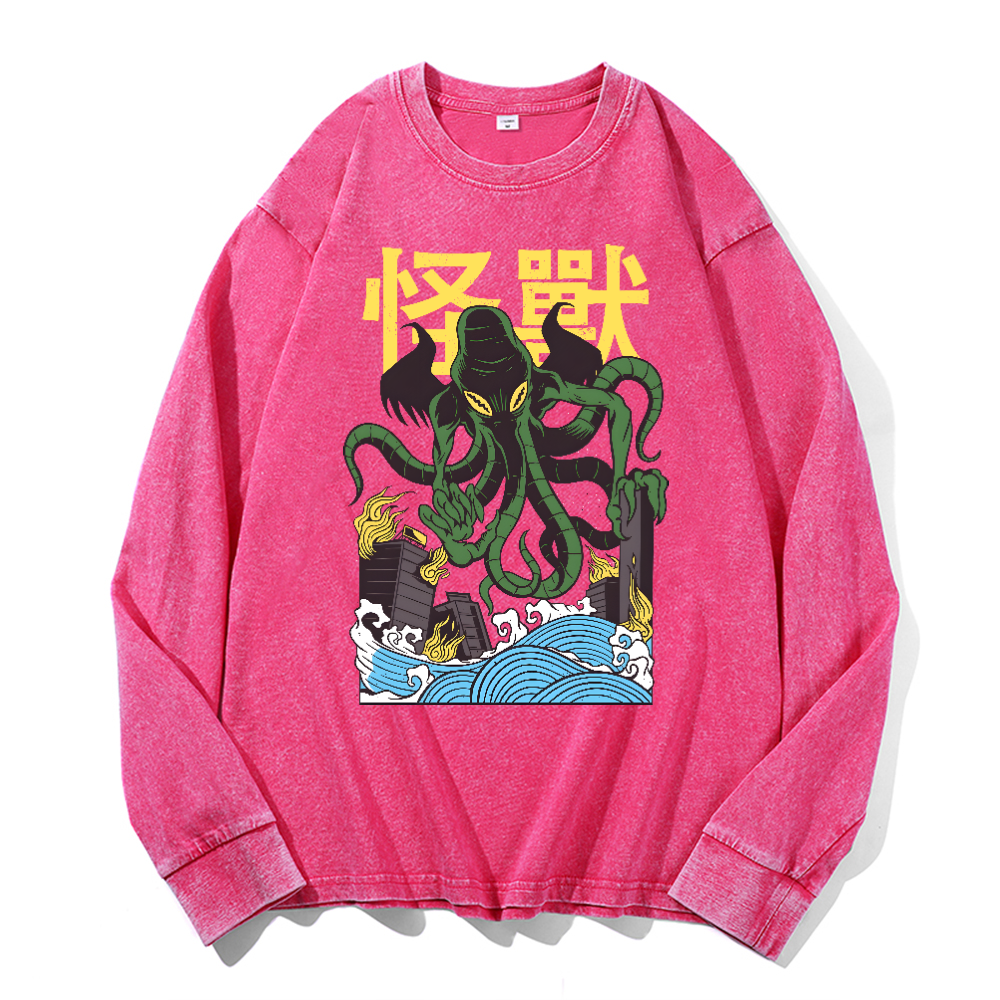 Octopus Monster Vintage Cotton Wash Crewneck Long-Sleeve T-Shirt