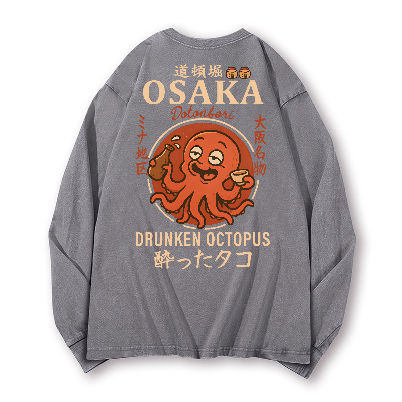 Osaka Dotonbori Drunken Octopus Vintage Washed Cotton Back Art Long-sleeve T-shirt